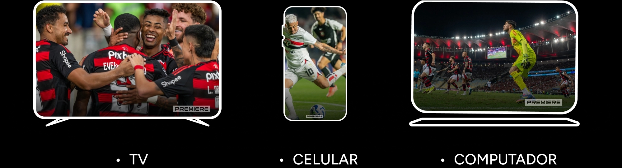 Um grupo de jogadores do Flamengo se reúne em comemoração dentro do campo, cada um vestindo seu uniforme preto e vermelho. Em outro momento da partida, um jogador do São Paulo chuta a bola com o pé esquerdo, enquanto um jogador rival surge atrás dele. No gol, um goleiro em posição de salto em direção à bola, dentro de um estádio cheio, com alguns jogadores do Flamengo aparecendo na imagem.