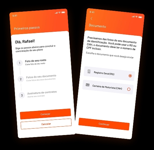 Telas do processo de validação de contratação do Aplicativo Brisacliente fibra, mostrando os passos para concluir o cadastro do plano e o envio de documentos.