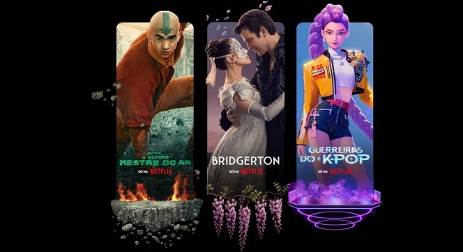 Composição de três cartazes publicitários da Netflix organizados horizontalmente. À esquerda, o pôster de "Ronaldinho Gaúcho" destaca o jogador com a data 16 de abril. Ao centro, o pôster de "One Piece A Série" mostra o elenco principal com a informação "Já disponível". À direita, o pôster de "Com Carinho, Kitty" exibe uma jovem de uniforme escolar, também com o texto "Já disponível". Todos os cartazes incluem o logotipo da plataforma.