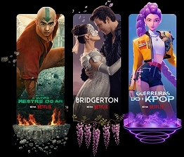 Composição de três cartazes publicitários da Netflix organizados horizontalmente. À esquerda, o pôster de "Ronaldinho Gaúcho" destaca o jogador com a data 16 de abril. Ao centro, o pôster de "One Piece A Série" mostra o elenco principal com a informação "Já disponível". À direita, o pôster de "Com Carinho, Kitty" exibe uma jovem de uniforme escolar, também com o texto "Já disponível". Todos os cartazes incluem o logotipo da plataforma.